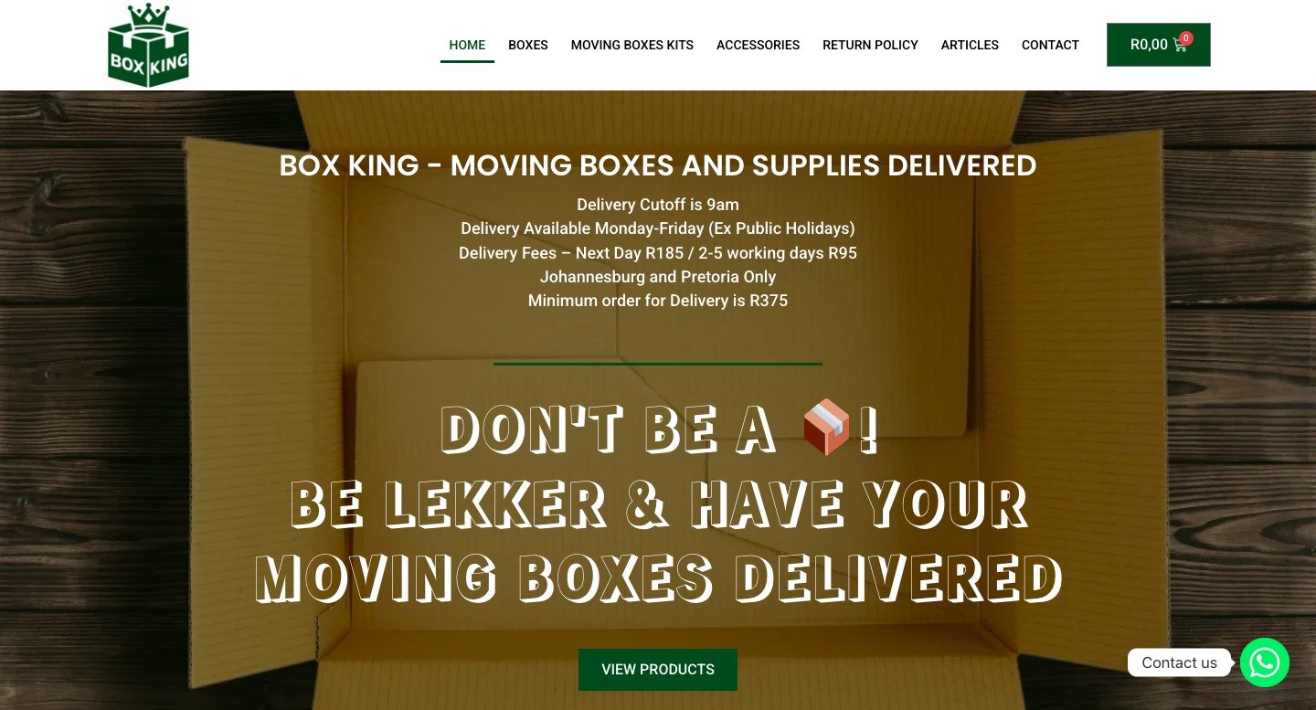 Box King moving boxes e-commerce website homepage